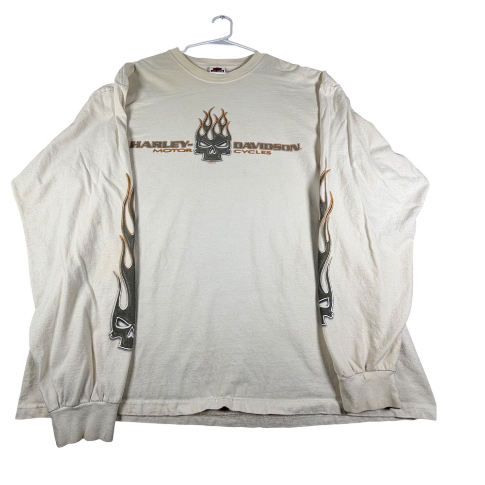 Harley Davidson Long Sleeve Shirt Mens 2XL White Flaming Skull Durham NC 2009